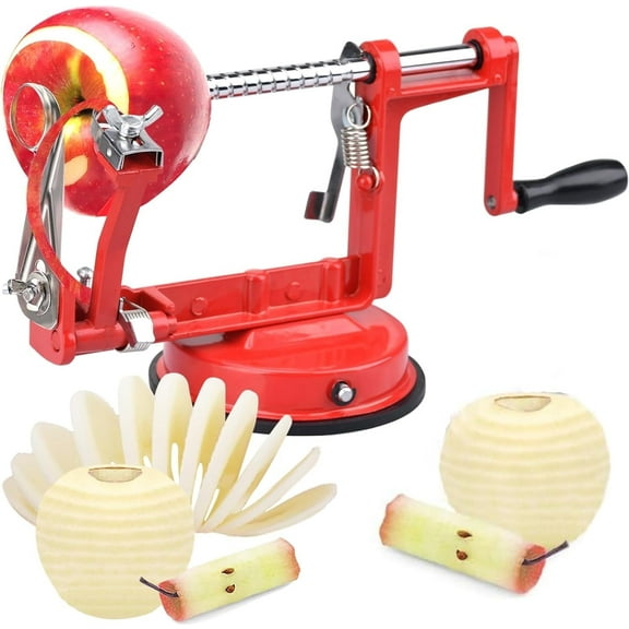 Apple Peeler Corer, 5 in-1 Apple Peeler Slicer Corer, Durable Heavy Duty Apple Peeler Slicer with Stainless Steel Blades and a Powerful Suction Base for Apples and Potato(Red)