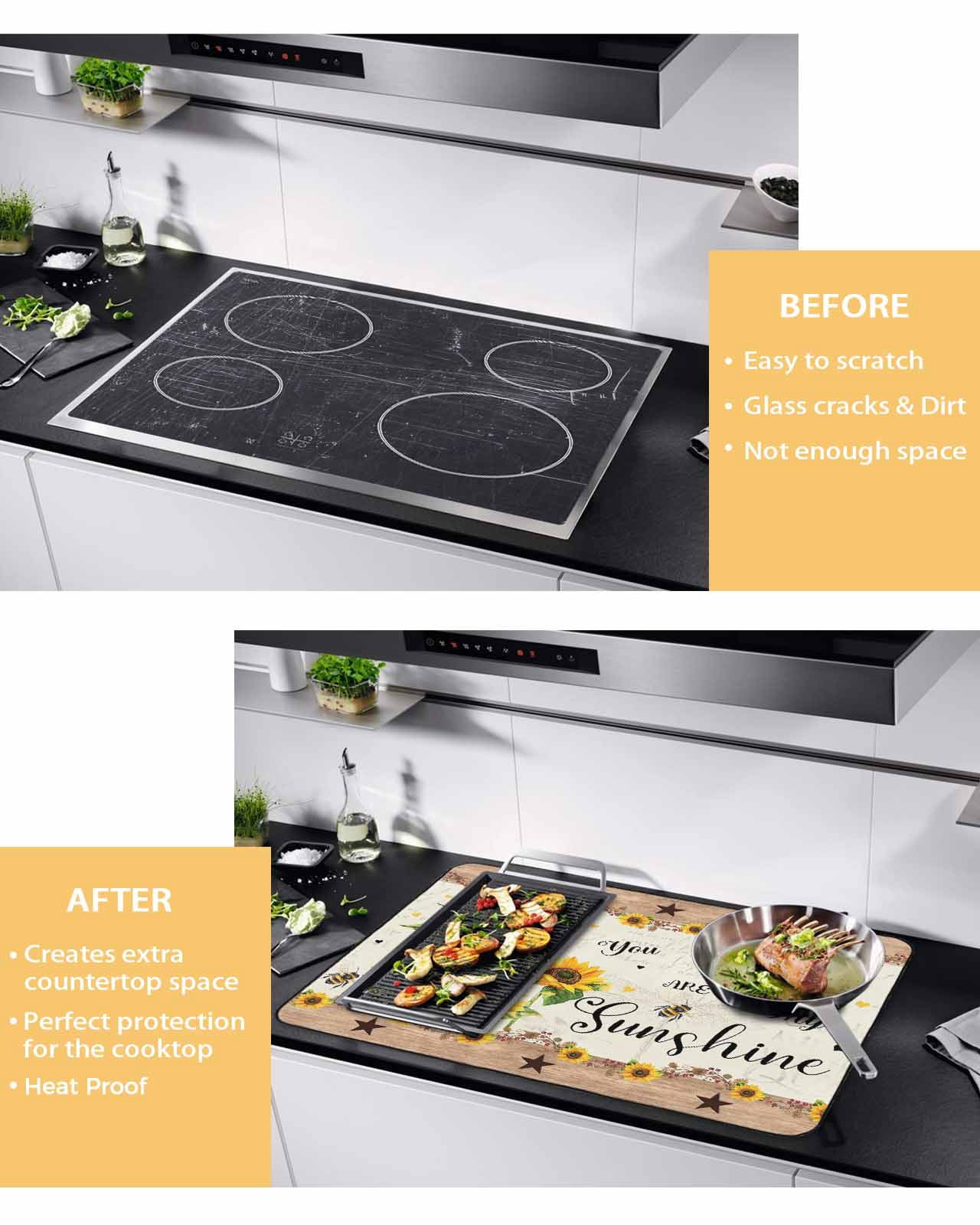 nqOlkjepod Large Induction Cooktop Protector Mat 24"x21", Sunflower Stove Top Covers for Electric Stove, Vintage Summer Botanical Yellow Floral Pastoral Stove Burner Cover Mats Stove Cover