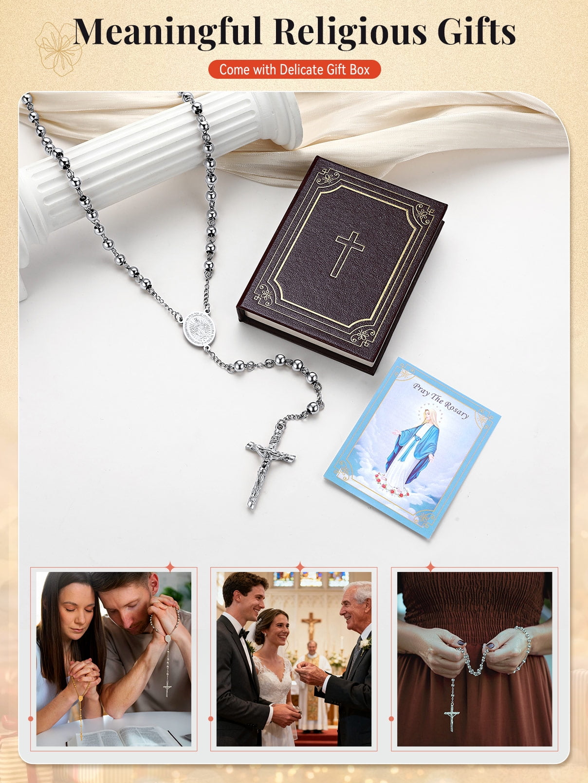 FaithHeart Virgin Mary Rosary Necklace for Women Silver Stainless Steel Holy Blessed Bead Catholic Christian Church Jesus Crucifix Cross Necklace with Pray Card Easter Jewelry Gift for Mother