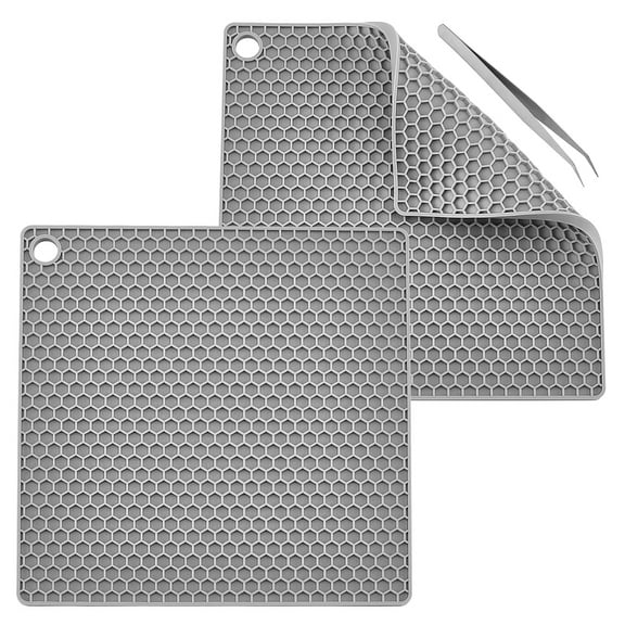1 Set 2Pcs Silicone Doming Square Mats Heat Resistant Synthetic Rubber Honeycomb Gray Pads with 2Pcs Stainless Beading Tweezer for DIY Jewelry Making Crafts Supplies (Gray)