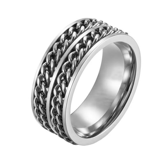 PAMTIER Unisex 8mm Stainless Steel Domineering Classic Cool 2 Silver Chain Rotatable Fidget Ring Biker Relieve Anxiety Wedding Band Size 7