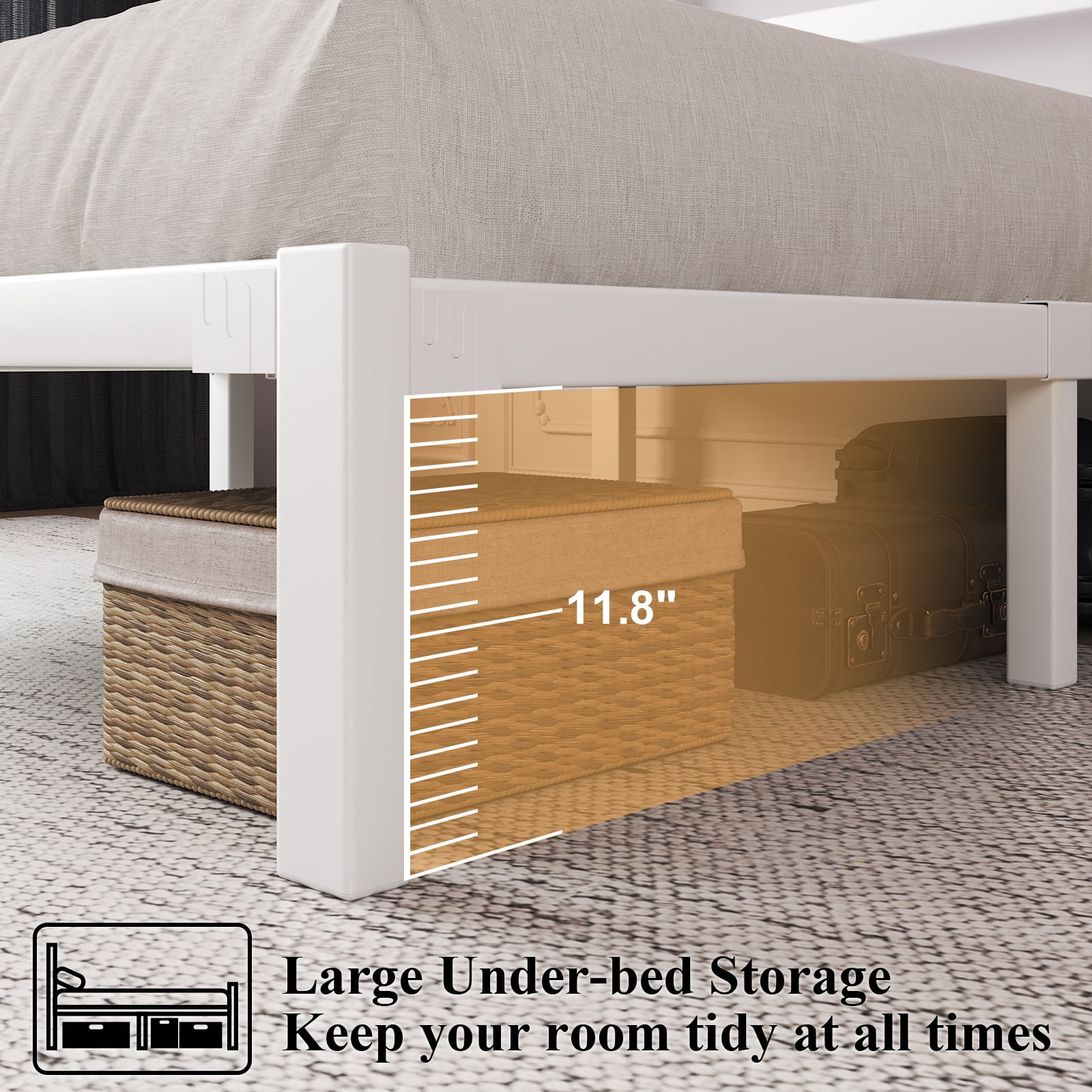 Twin Size Metal Platform Bed Frame with Headboard, Heavy Duty Steel Slat Support, Under-Bed Storage, No Box Spring Needed, White