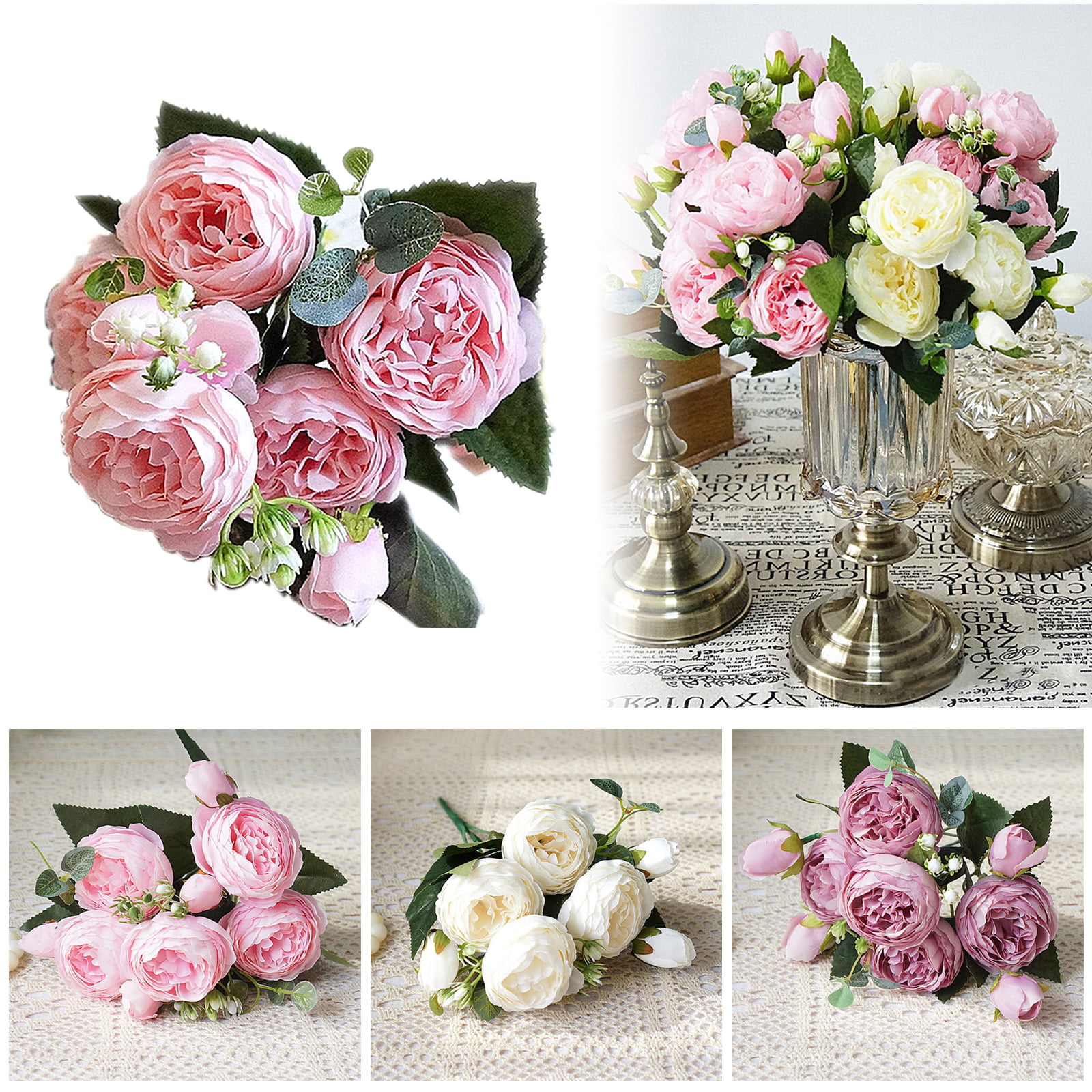 Details about   1 Bouquet 9 flower Artificial Peony  Rose Flowers Camellia Silk Fake Flower