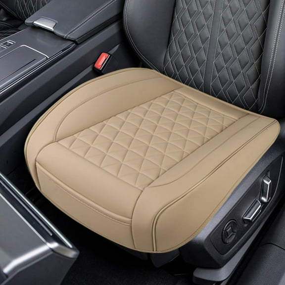 Luxury Faux Leather Car Seat Cover, Anti-Slip Waterproof Universal Front Bottom Seat Protector with Storage Pocket, Triangular Pattern Vehicle Seats Cushion for Sedans, SUVs, Trucks, Beige