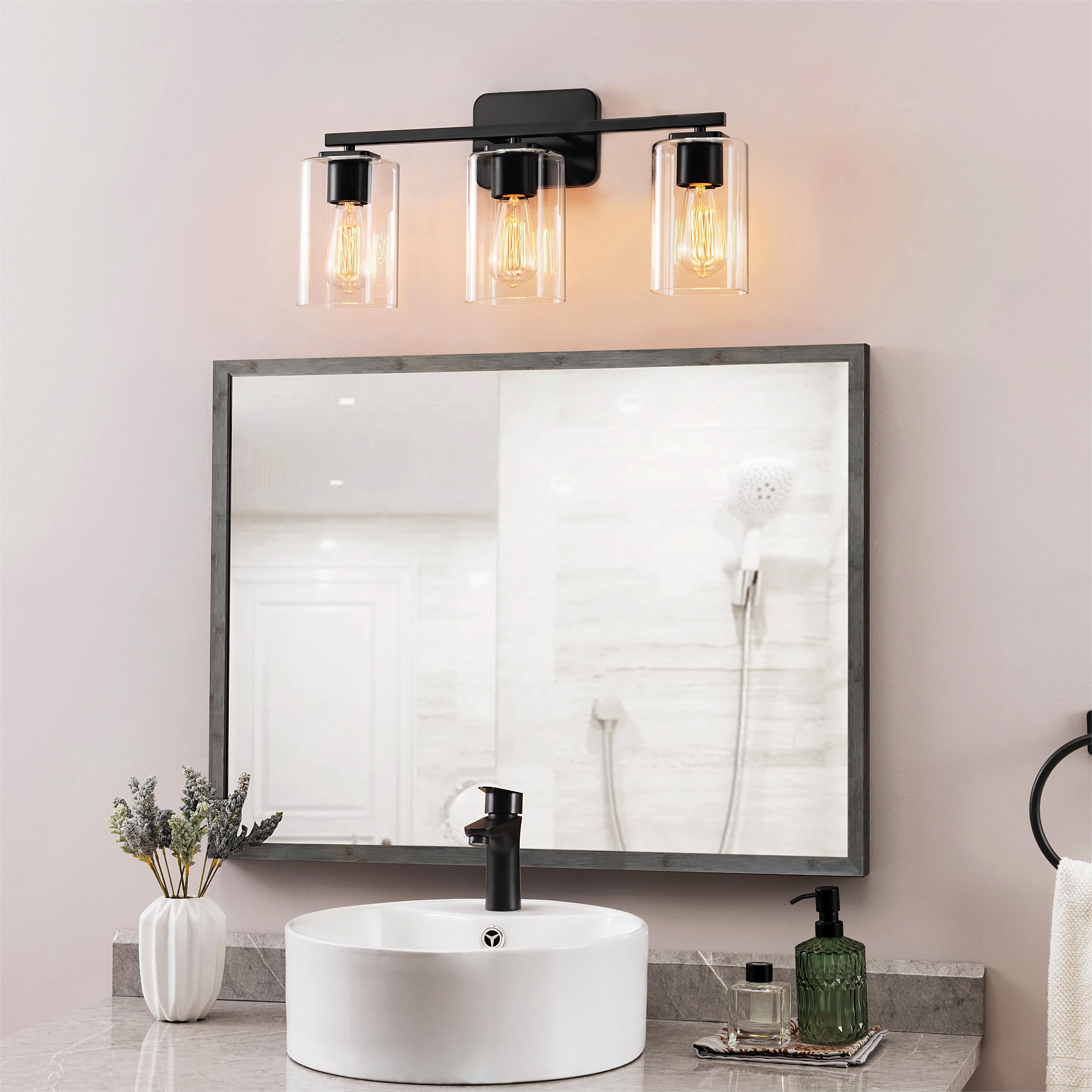 KAWOTI 3-Light Bathroom Light Fixtures Dimmable Vanity Light with Square Glass Shade