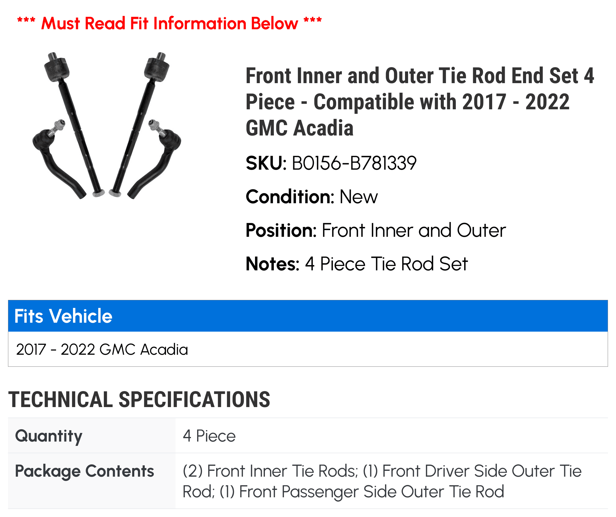 Front Inner and Outer Tie Rod End Set 4 Piece - Compatible with 2017 - 2022 GMC Acadia 2018 2019 2020 2021