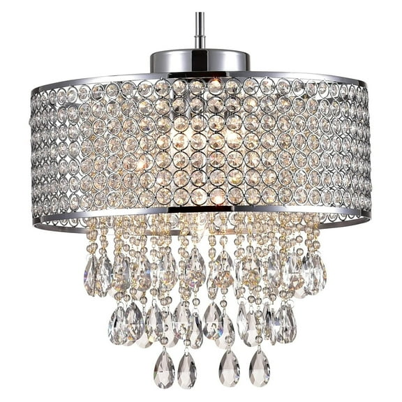 Round Raindrop Crystal Chandelier, 5 Lights Beaded Drum Ceiling Lighting, Adjustable Hanging Pendant Light for Bedroom, Dining Room, Living Room, Kitchen,