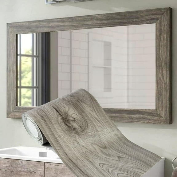 Border Stick Removable PVC Wood Grain Wallpaper Border Waterproof Self Adhesive Bathroom Mirror Frame Sticker Peel Border Sticker Gray Wood Texture,3.9 in x 16.4 ft