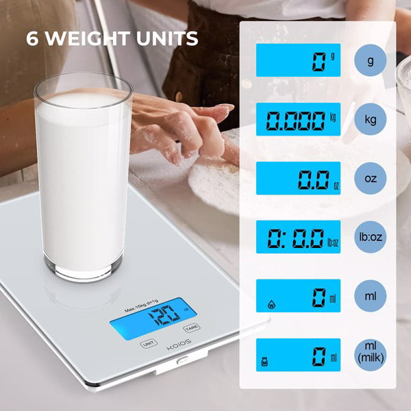 KOIOS USB Rechargeable Food Scale, 33lb/15Kg Kitchen Scale Digital Weight  Grams and oz for Cooking Baking, Precise Graduation, Waterproof Tempered  Glass, 6 Weight Units, Tare Function, White 