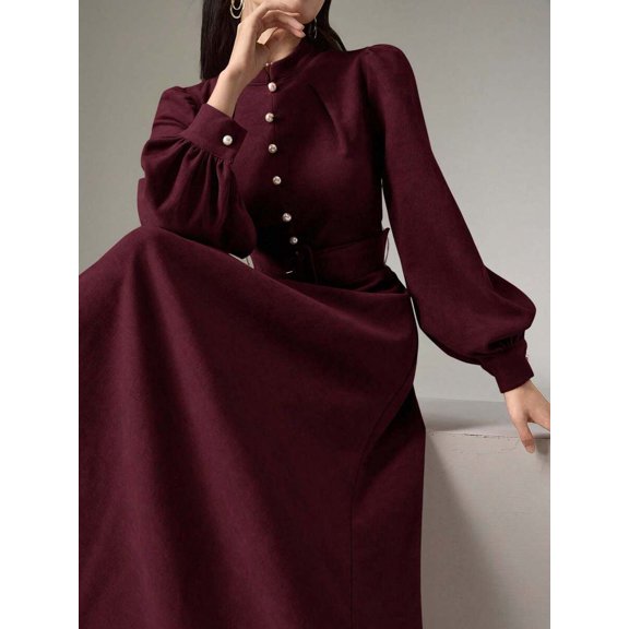 Womens Elegant Burgundy Midi Dress with Stand Collar, Button Front &