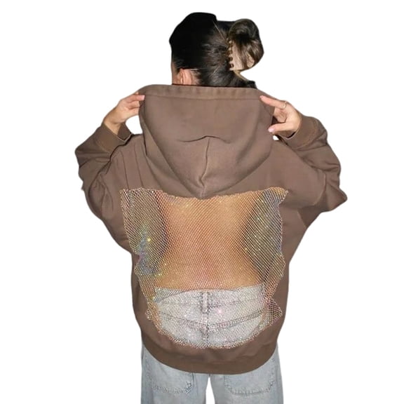 Women'S Pullover Sweatshirts Casual Long Sleeve Crystal Mesh Back Hoodie with Pocket Brown XS