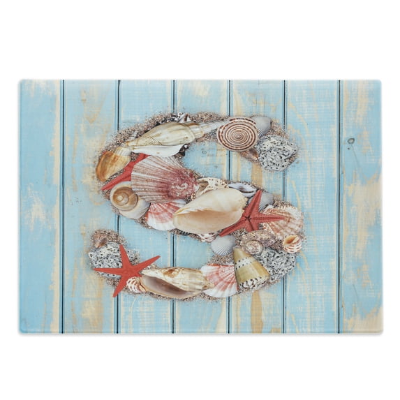 Letter S Cutting Board, Various Seashells Scallops Starfishes on Wooden Planks Nautical, Decorative Tempered Glass Cutting and Serving Board, Large Size, Dark Coral Pale Blue, by Ambesonne