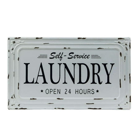 SSCI Distressed White Metal Self Service Laundry Decorative Sign, Measures 15 1/2 x 9 x 1/2 inches By