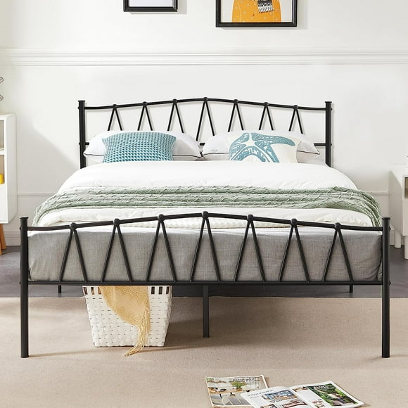 VECELO Queen Metal Bed Frame, Heavy Duty Platform Bed with Victorian Style Headboard and Footboard, No Box Spring Needed, Black