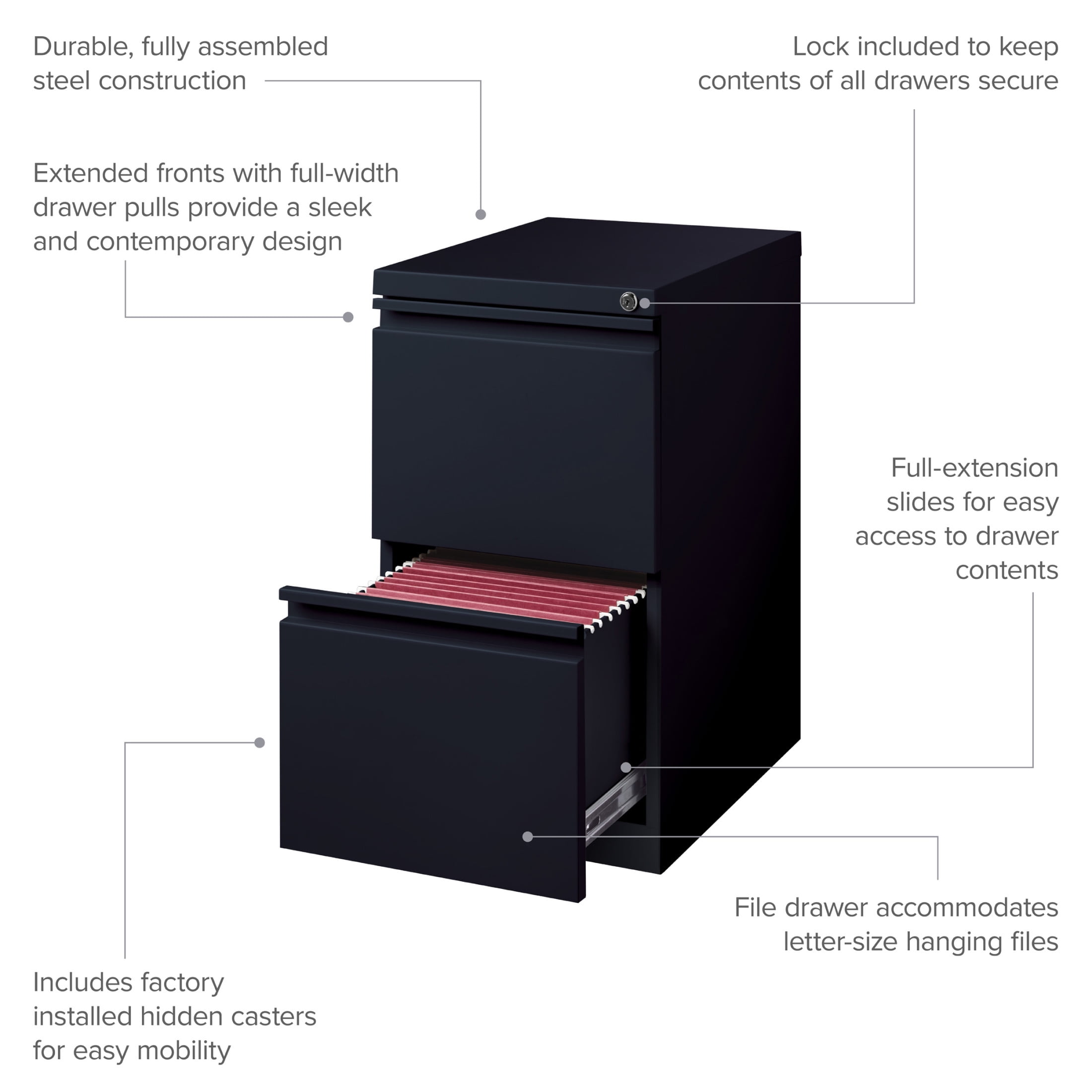 Hirsh Pro 20" Deep Mobile Pedestal File Cabinet 2 Drawer File-File, Letter Width, Black