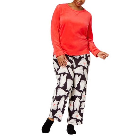 HUE Womens Plus Sueded Fleece Top And Printed Pants With Socks 3 Piece Pajama Set,Lollipop,1X