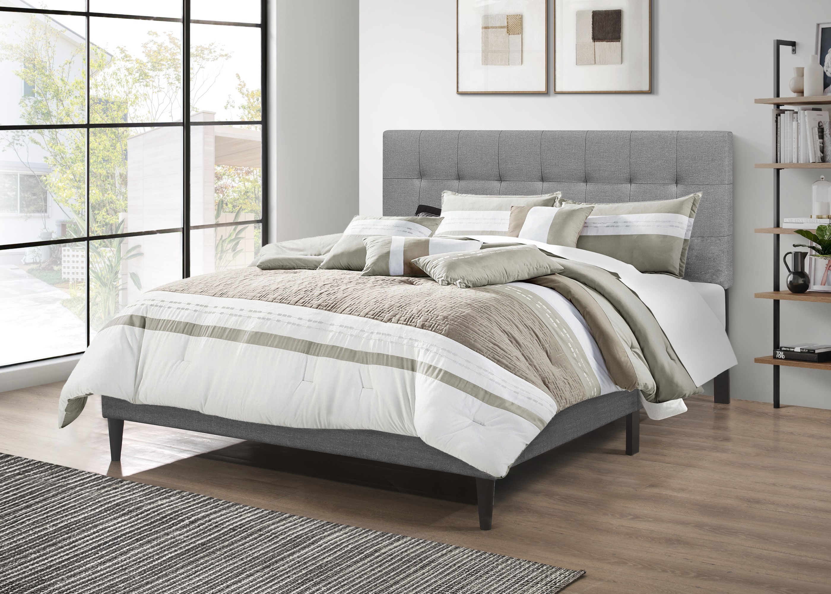 Home Design Evanston Twin Tufted Upholstered Platform Bed with Slatted Wood and Foam-Padded Headboard, Gray, Easy Assembly