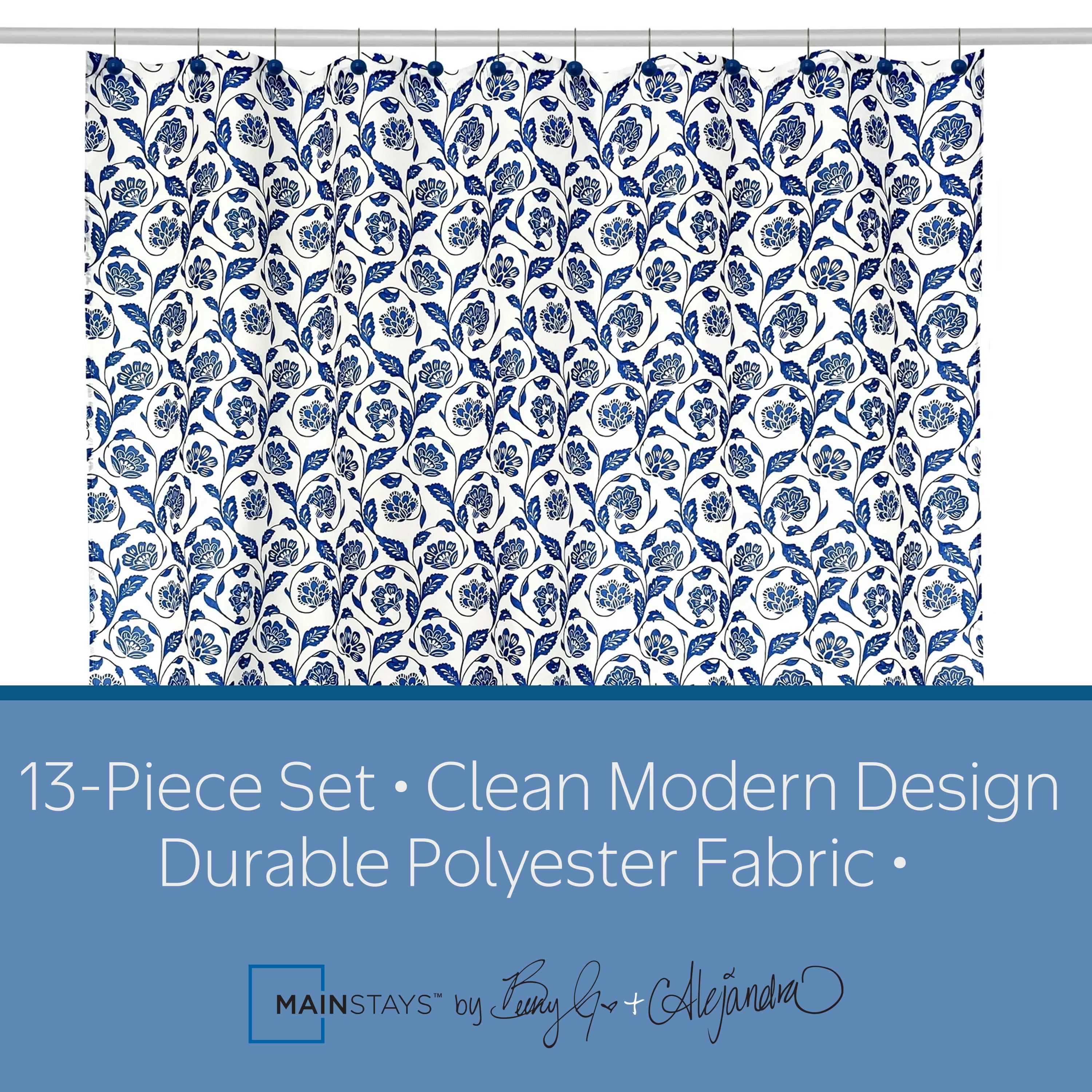 Mainstays by Becky G. & Alejandra 13-Piece White & Blue Floral Fabric Shower Curtain Set