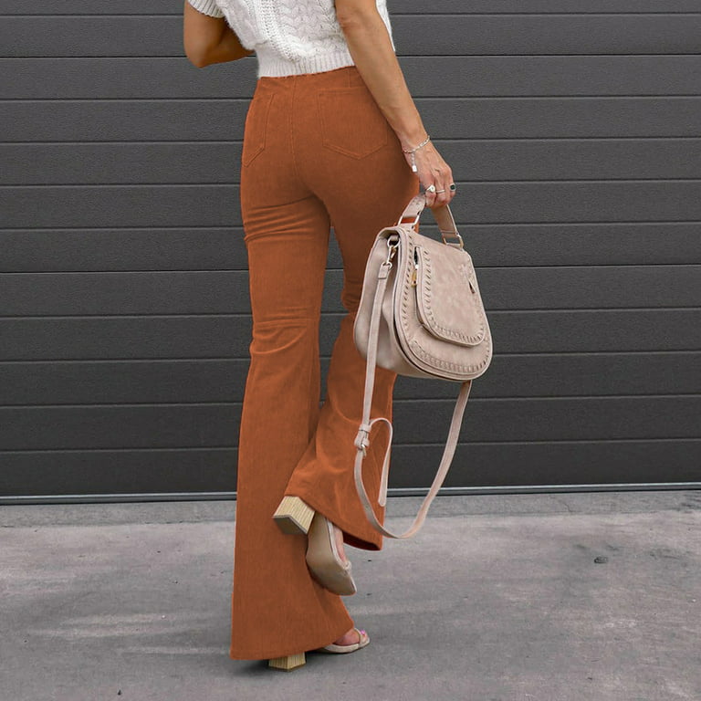XFLWAM Women's High Waist Flare Pants Casual Wide Leg Bell Bottom Leggings  Solid Color Plus Size Long Trousers with Pockets Orange M