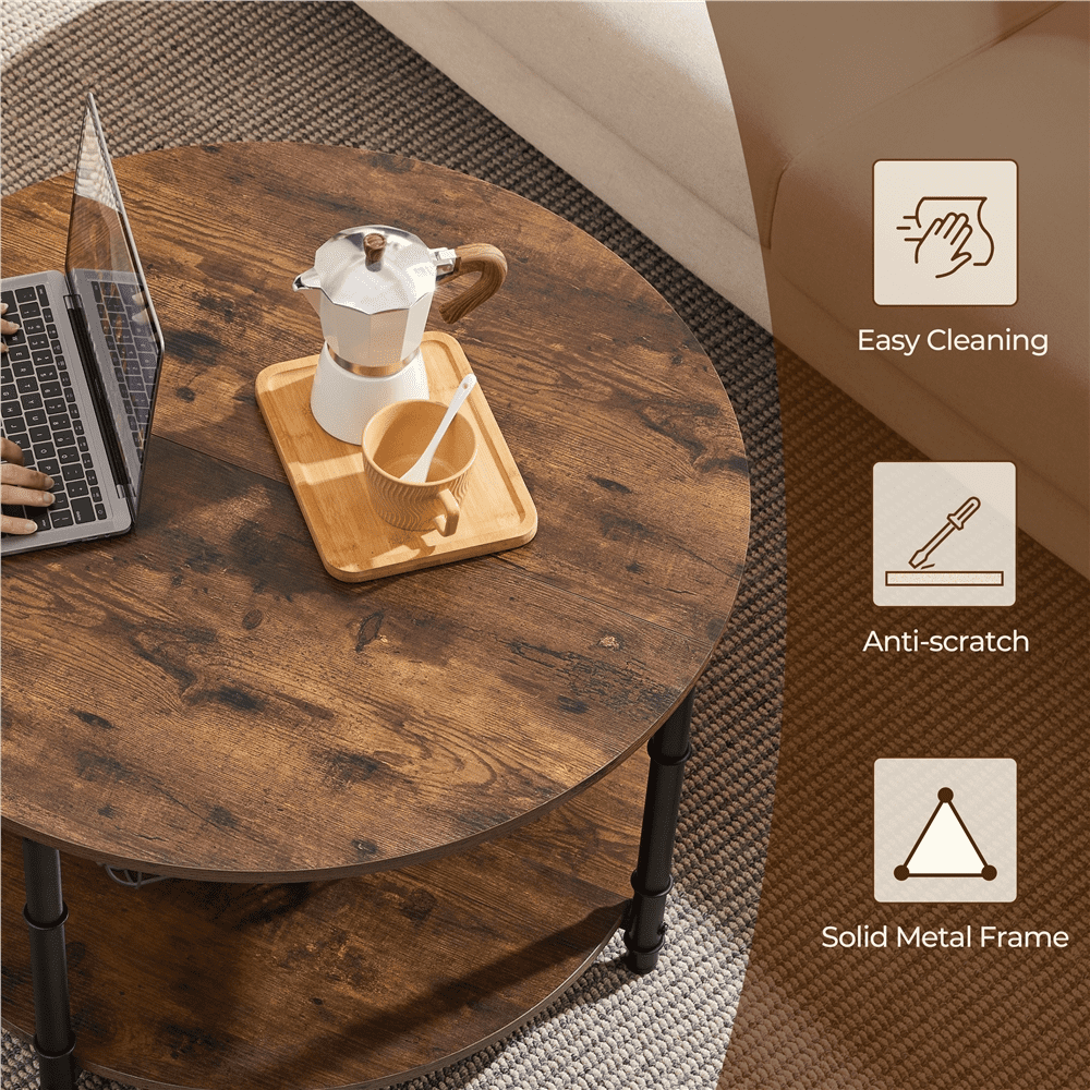 Alden Design 2 Layer Round Coffee Table with Metal Frame, Rustic Brown