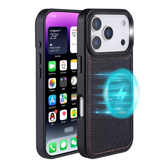 Leather Magnetic Case for iPhone 17 Pro Max, Business Vintage Case Support Wireless Charging Ultrathin Cover Black