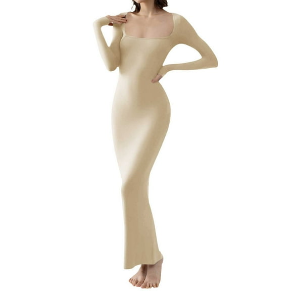 Sngxgn Women's Fall Elegant Dress Long Sleeve Crewneck Tie Waist Slim Rib Knit Slit Bodycon Midi Dress(Beige,XXL)