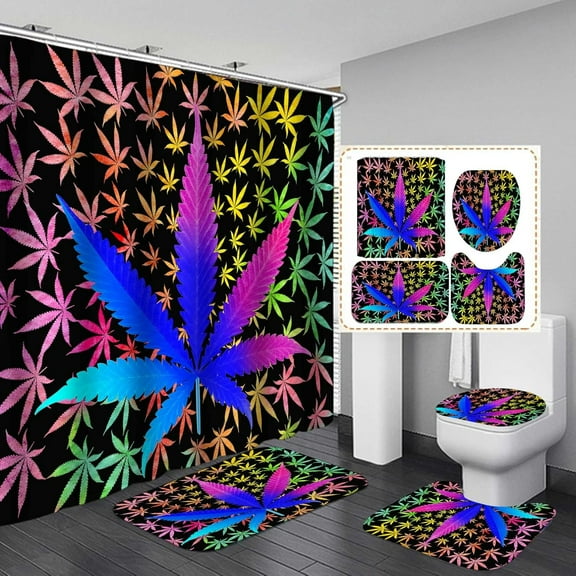 4PCS Inspirational Quotes Shower Curtain Set, Green Marijuana Weed Leaf Live Laugh Love Colorful Rustic Wood Planks Country Farmhouse Bathroom Decor Non-slip Bath Mat, Today Is A Good Day