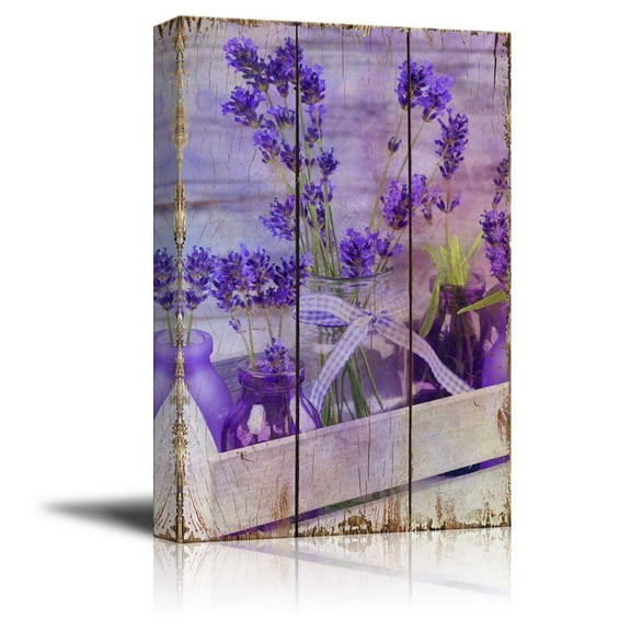 wall26 - Purple Flowers on a Wooden Box with Jars as Vases Over Wood Panels - Nature - Canvas Art Home Art - 12x18 inches