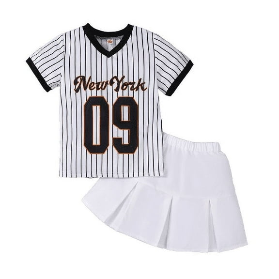 Mikrdoo Big Girls Kid Girl Clothes Skirts Sets Quick-drying Mesh Stripe Number Print Shirt Pleated Skirts 2Pcs Sport Style Outfits For Summer White 7-8 Years