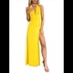 thumbnail image 1 of Vestido con Cuello en V Profundo y Cuello Halter para Mujer, Sin Mangas, Espalda Descubierta y Abertura. Amarillo XL, 1 of 9