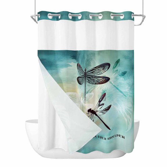 Turquoise Dragonfly No Hook Shower Curtain Waterproof, Bathroom Curtains with Snap in Liners and See Through Top Window, Country Gradient Black Animals Hotel Style Bathtub Curtains Shower 48"Wx72"L