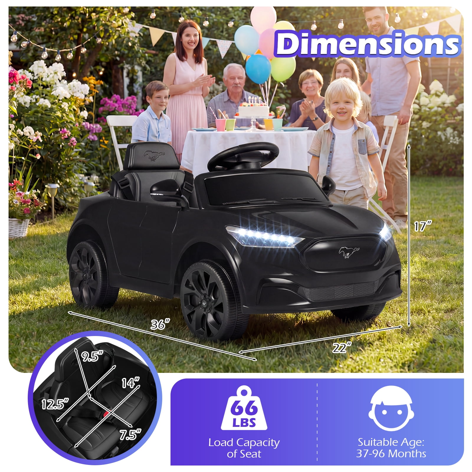 Gymax Licensed Ford Mach E Electric Vehicle w/Parent Control LED Lights Horn Music Black