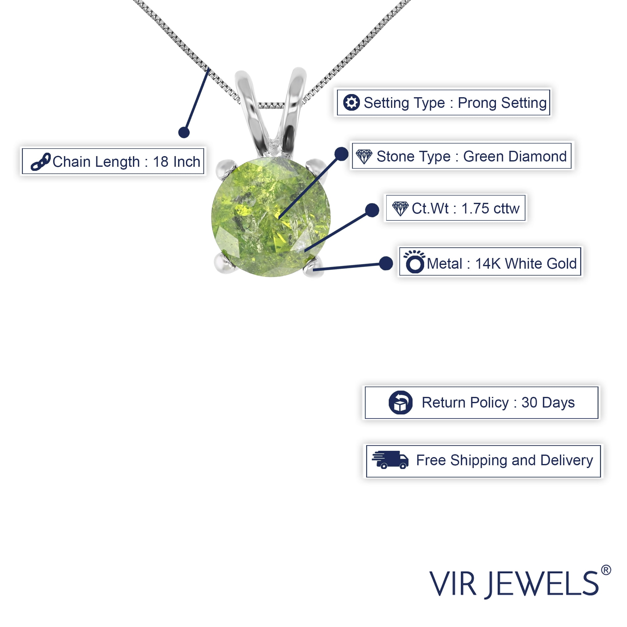 Vir Jewels 1.75 CTTW Green Diamond Solitaire Pendant Necklace for Women 14K White Gold Round