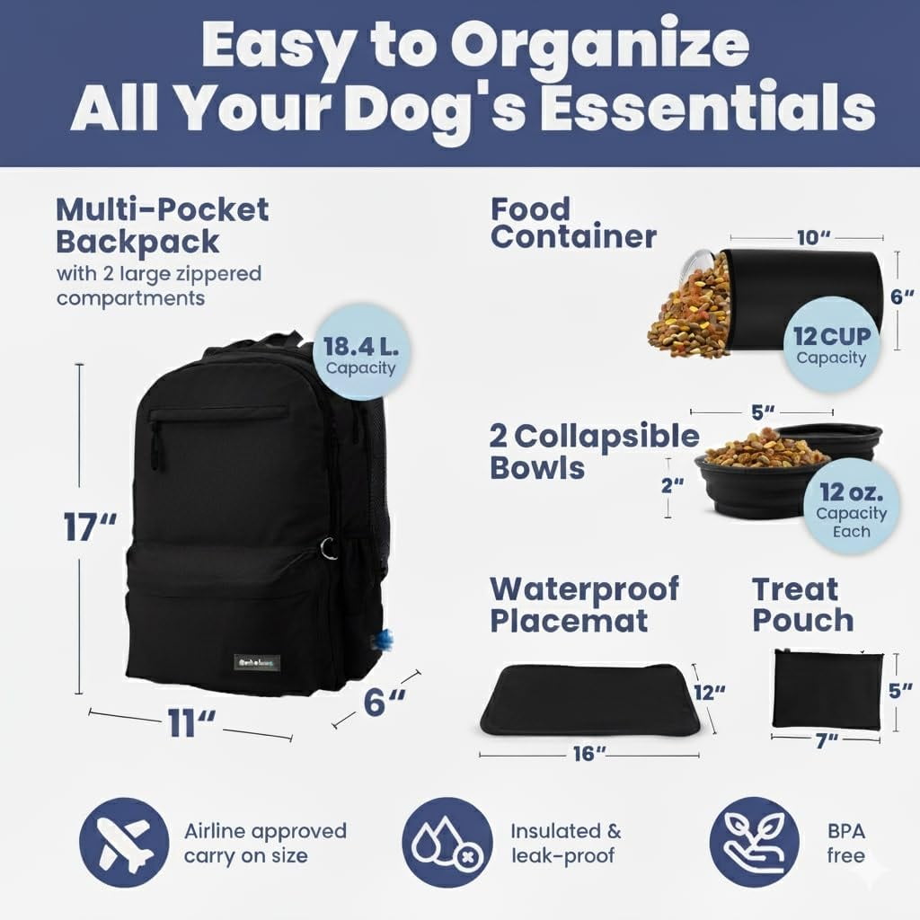 Dog Travel Bag for Supplies - Backpack with 2 Collapsible Dog Bowls, Food Bag, Treat Pouch: Black