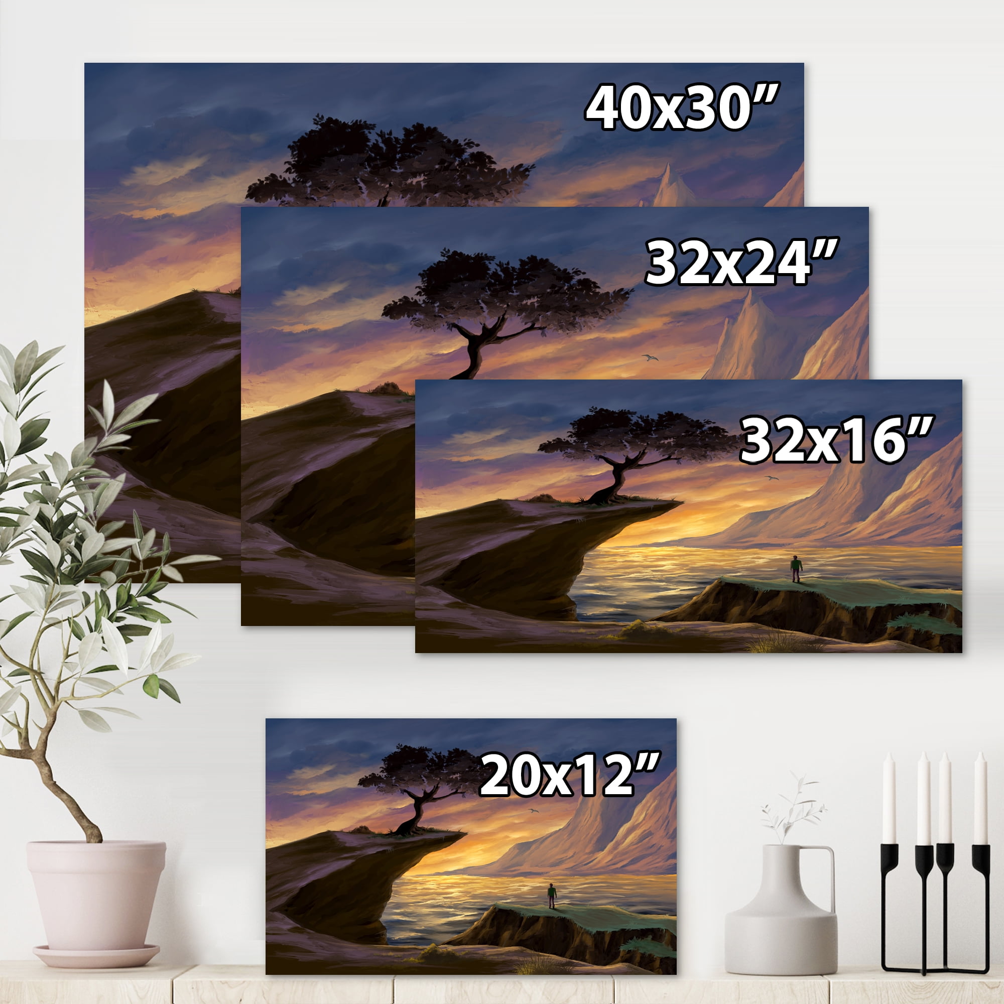 Tree On A Sea Cliff At Evening Light 32 in x 16 in Painting Canvas Art Print, by Designart