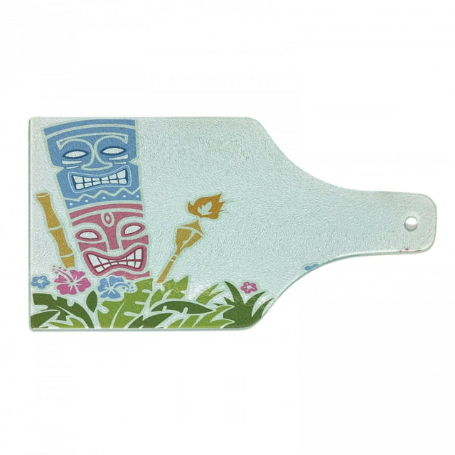 Tiki Bar Cutting Board, Surrounded by Fresh Vibrant Hibiscus Flowers Polynesian Print, Decorative Tempered Glass Cutting and Serving Board, Wine Bottle Shape, Pale Blue Pink Green, by Ambesonne