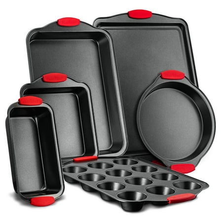 

NutriChef 6-Piece Nonstick Bakeware Set Carbon Steel Baking Tray W/ Heat safe Red Silicone Handles