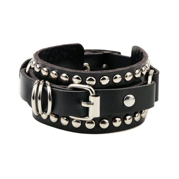 JNANEEI Spiked Studded Bracelet Black Leather Rivets Punk Bracelet Cuff Wrap Bangle Snap Button Metal Wristband for Men Women