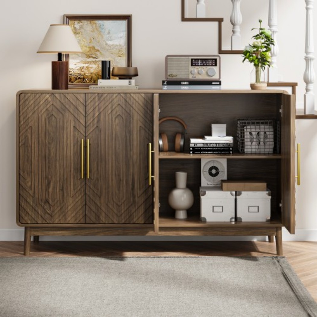 55.12" Modern Sideboard Cabinet, 4-Door Storage Buffet Cabinet with Adjustable Shelves, Curved Carved Doors & Gold Handles for Living Room, Dining Room & Entryway, Natural