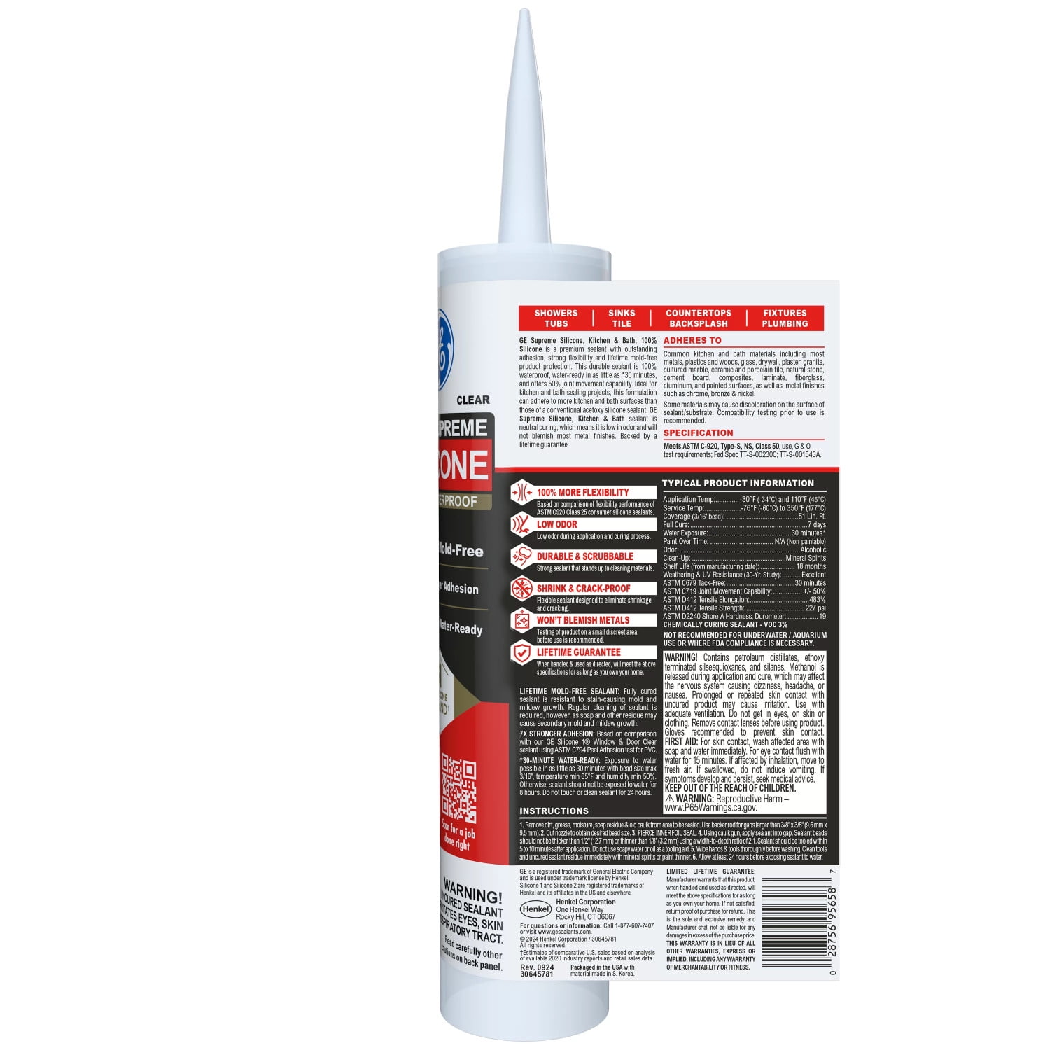 (4 pack) GE Supreme Silicone Kitchen & Bath Sealant, Pack of 1, Clear 10.1 fl oz Cartridge