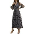 thumbnail image 2 of Liacowi Women Tulle Patchwork Dress V Neck Long Sleeve Casual A-Line Dresses with Belt Flower Flowy Sundress, 2 of 6