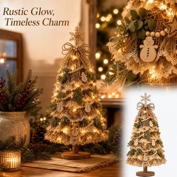 Rustic Burlap Christmas Tree with Warm LED Lights, Pre-Lit Tabletop Xmas Tree with Snowman Ornaments and Wood Base, Vintage Country Holiday Decor
