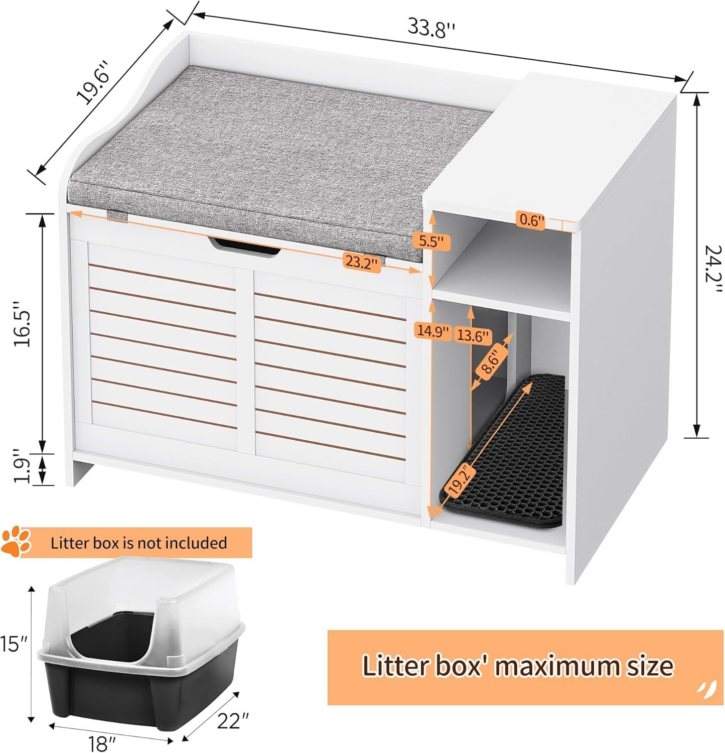 FOLDLIFE Cat Litter Box Enclosure with Top Opening and Cushion, Hidden Cat Litter Box Furniture, Cat Litter Box Cabinet, Cat House, Privacy Wooden Pet Cat Toilet for Kitten,White