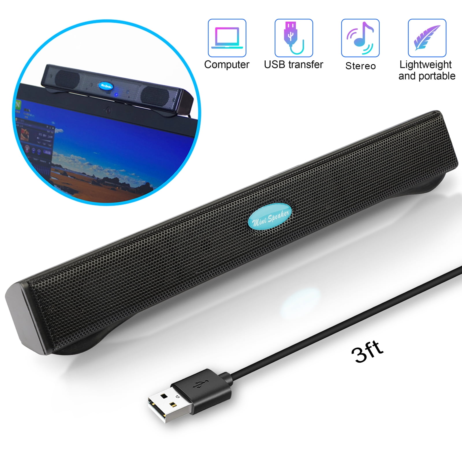 Portable USB Stereo Speaker Soundbar for Notebook Laptop PC Music Player w/ Clip 