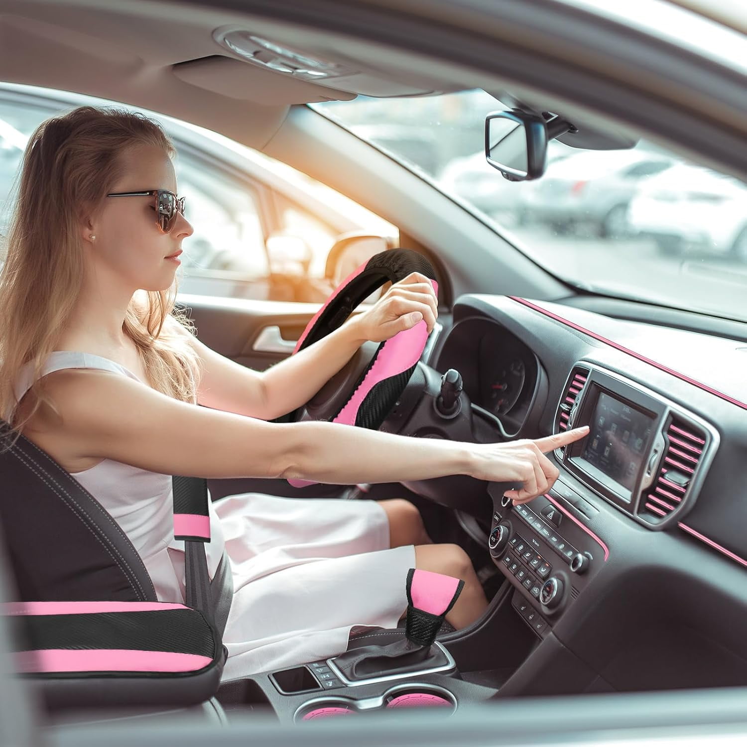 30 Pcs Car Accessories Set Pink and Black PU Leather Steering Wheel Cover Auto Interior Accessories Gift Car Vent Trim Strips Air Conditioner Insert Strips with Installation Tool