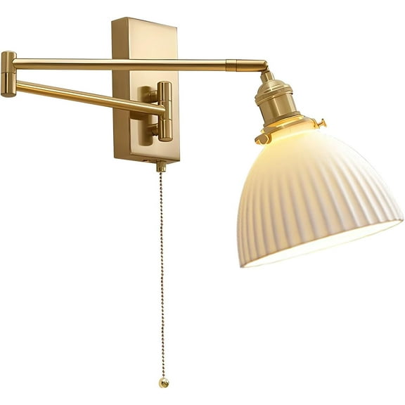1-Light Bathroom Wall Sconce Modern Farmhouse Gold Swing Arm Wall Sconce Milk Glass Wall Lamp with Pull Chain Single Brushed Brass Wall Mount Light Hardwired Wall Light Fixtures MWL14D-1