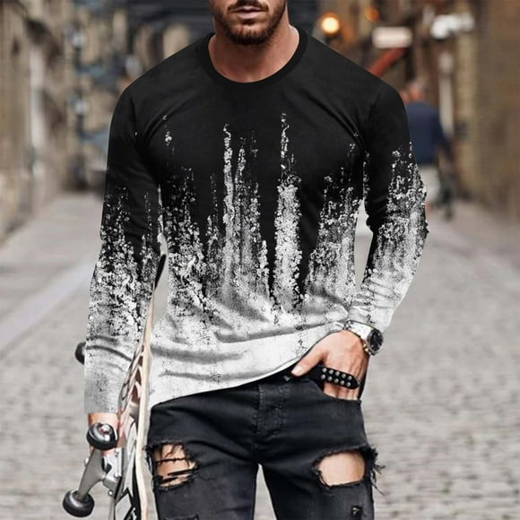Meichang Long Sleeve T Shirt Men Cotton,Men's Graphic Tees Streetwear 3D Optical Illusion Print T-Shirts Novelty Round Neck Muscle Long Sleeve Shirts for Men