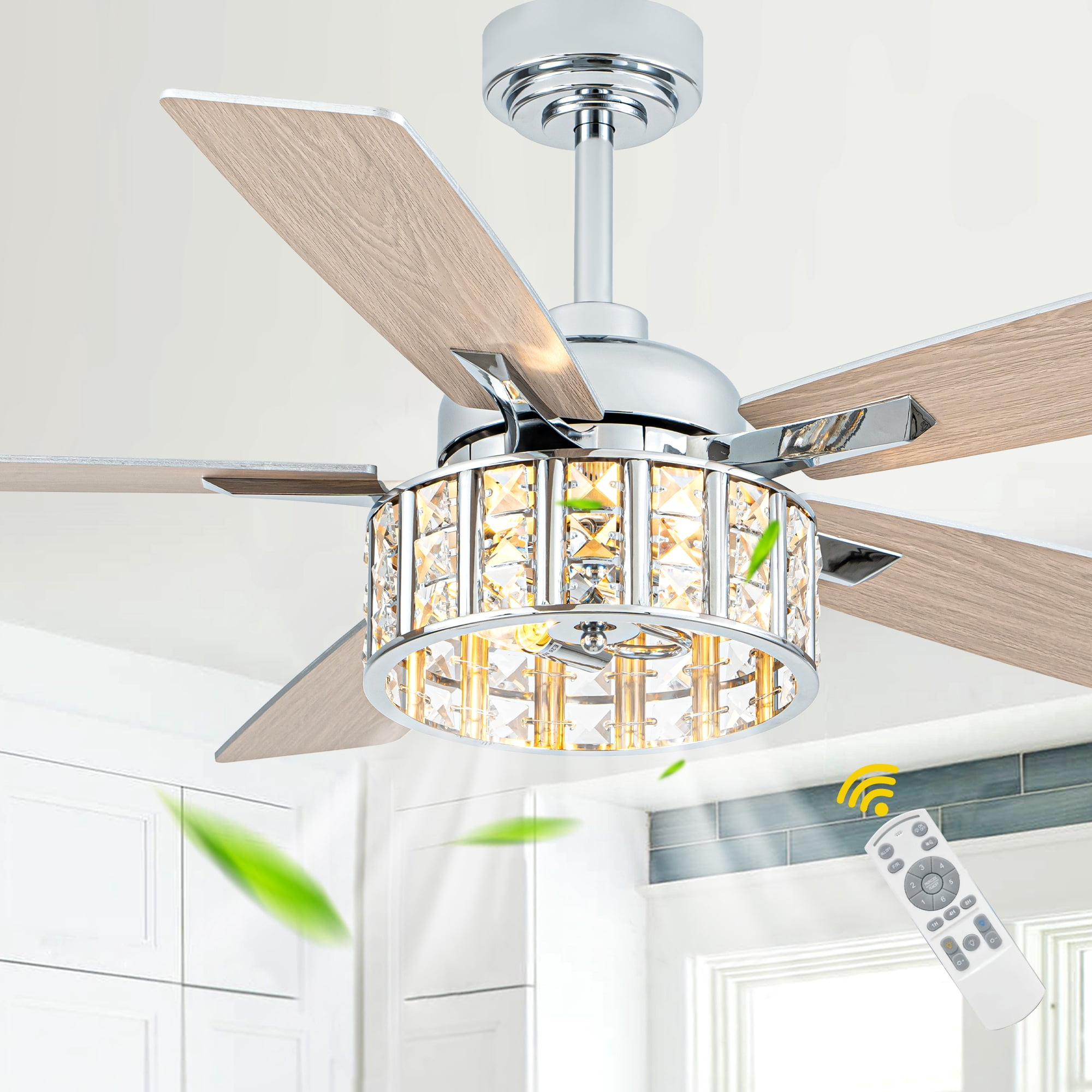 Bella Depot 52" Modern Silver Crystal Ceiling Fan 6-Speed Reversible with Light and Remote Control