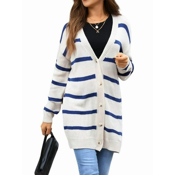 Womens Striped Cardigan Sweaters Long Sleeve V Neck Open Front Button Down Knit Cardigan Cream White XL