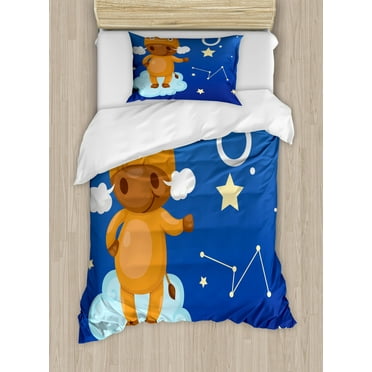Zodiac Taurus Twin Size Duvet Cover Set, Cartoon Bull Character on Blue Cloud in Sky with Stars Constellation and Sign, Decorative 2 Piece Bedding Set with 1 Pillow Sham, Multicolor, by Ambesonne